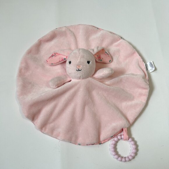 Modern Baby Pink Bunny Rabbit w/Flowers Lovey Security Round Blanket w/Teether - Picture 1 of 8